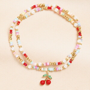 Multicolour Beaded Double Layer Cherry Charm Bracelet