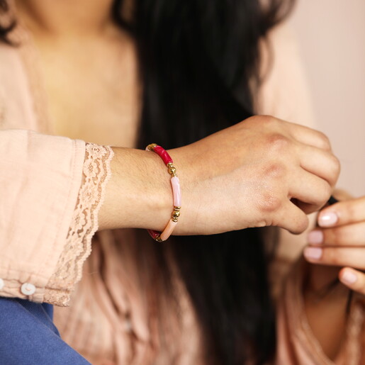 Stainless Steel Pink Tones Beaded Bracelet in Gold