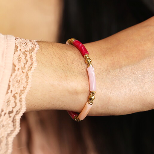 Stainless Steel Pink Tones Beaded Bracelet in Gold