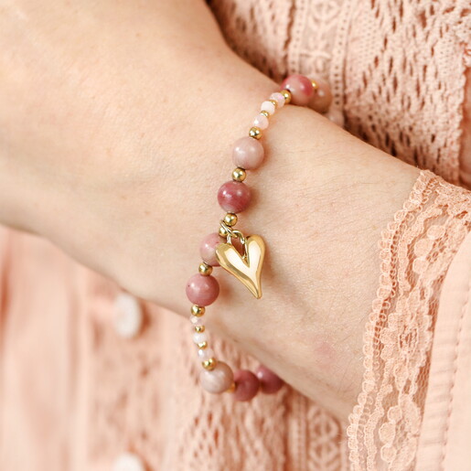 Pink Heart Charm Beaded Bracelet in Gold