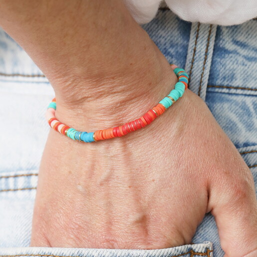 Red and Green Disc Beaded Bracelet in Gold