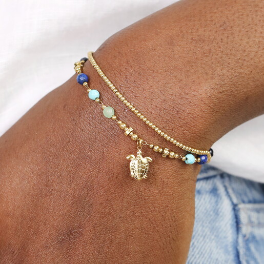Semi Precious Beaded Blue Turtle Charm Bracelet in Gold