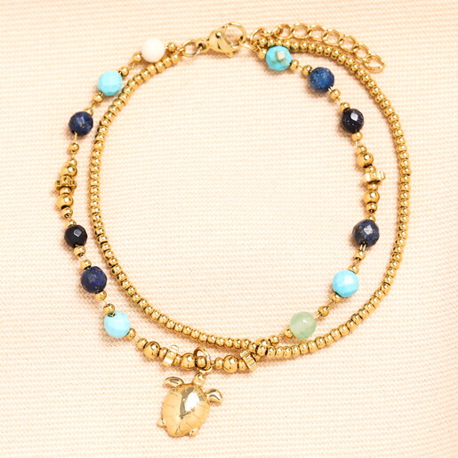 Semi Precious Beaded Blue Turtle Charm Bracelet in Gold