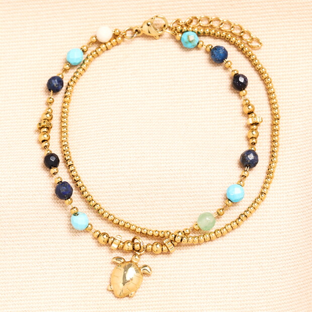 Semi Precious Beaded Blue Turtle Charm Bracelet in Gold
