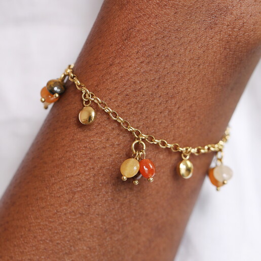 Semi Precious Brown Beaded Cluster Charm Bracelet in Gold
