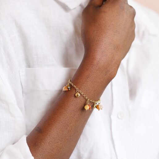 Semi Precious Brown Beaded Cluster Charm Bracelet in Gold