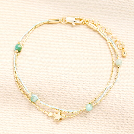Semi Precious Green Beaded Double Layer Bracelet in Gold