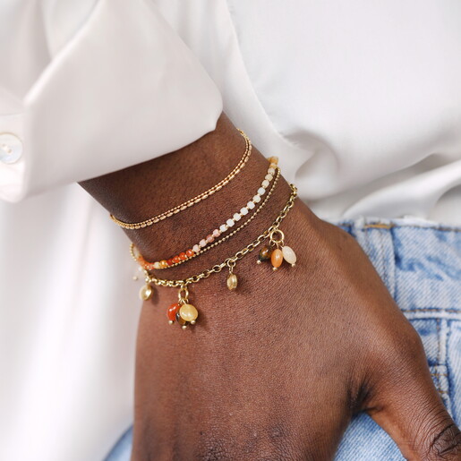 Semi Precious Brown Beaded Cluster Charm Bracelet in Gold