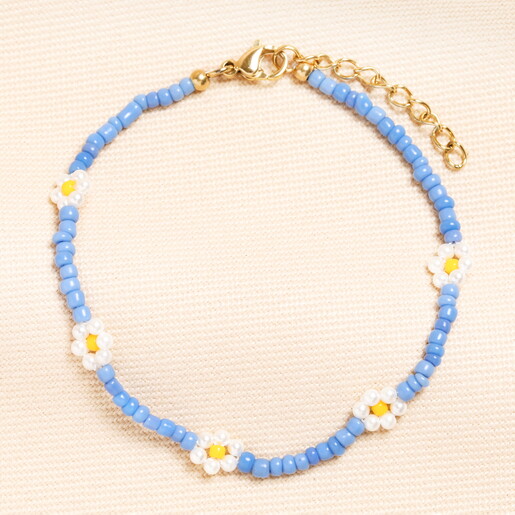 Stainless Steel Blue Beaded Flower Charm Bracelet in Gold