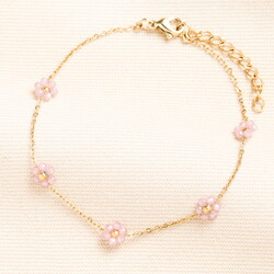 Stainless Steel Pink Flower Beaded Chain Bracelet in Gold