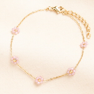 Stainless Steel Pink Flower Beaded Chain Bracelet in Gold