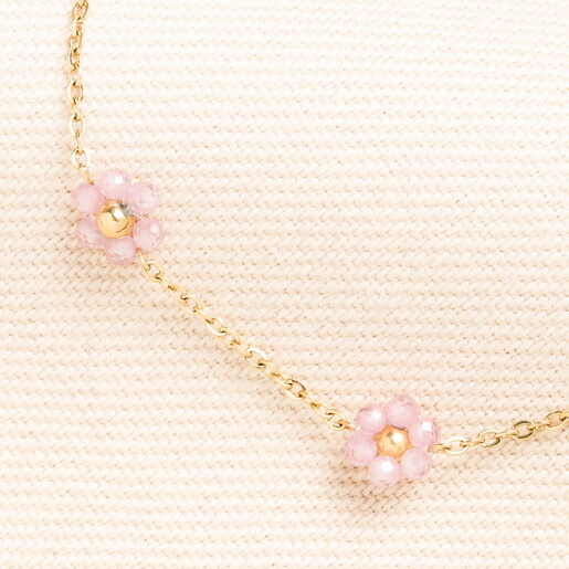 Stainless Steel Pink Flower Beaded Chain Bracelet in Gold