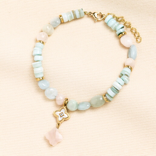 Stainless Steel Flower Charm Green Semi Precious Stone Bracelet in Gold