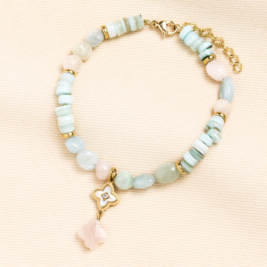 Semi Precious Green Beaded Flower Charm Bracelet in Gold