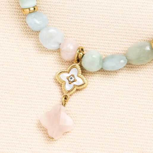 Stainless Steel Flower Charm Green Semi Precious Stone Bracelet in Gold