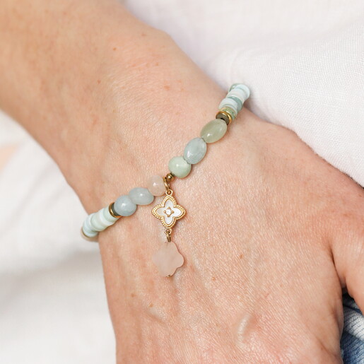 Stainless Steel Flower Charm Green Semi Precious Stone Bracelet in Gold