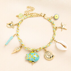 Stainless Steel Green and Blue Sea Charm Bracelet in Gold