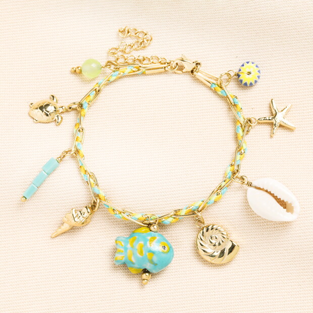Stainless Steel Green and Blue Sea Charm Bracelet in Gold