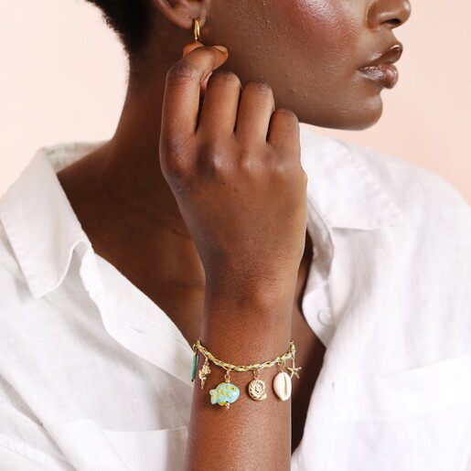 Stainless Steel Green and Blue Sea Charm Bracelet in Gold