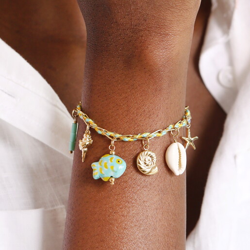 Stainless Steel Green and Blue Sea Charm Bracelet in Gold