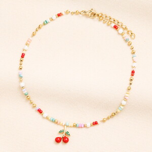 Stainless Steel Multicolour Beaded Cherry Charm Anklet in Gold