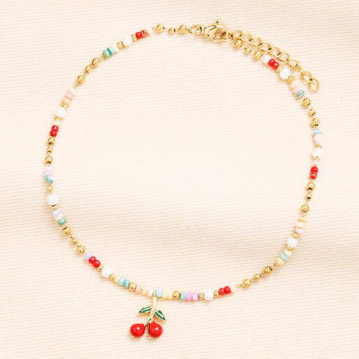 A Multicoloured Beaded Chain Anklet with a Dangling Red Cherry Charm