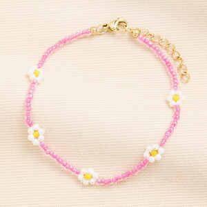Stainless Steel Pink Beaded Daisy Charm Bracelet in Gold