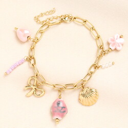 Stainless Steel Pink Shell & Bow Charm Bracelet in Gold