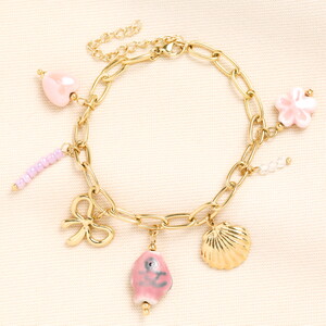 Stainless Steel Pink Shell and Bow Charm Bracelet