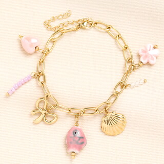 Stainless Steel Pink Shell & Bow Charm Bracelet in Gold