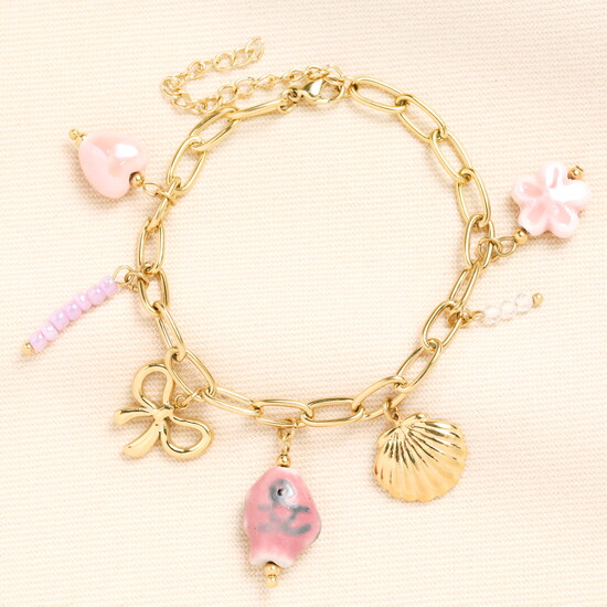Stainless Steel Pink Shell and Bow Charm Bracelet