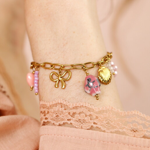Stainless Steel Pink Shell & Bow Charm Bracelet in Gold