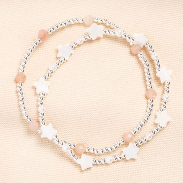 Set of 2 Stainless Steel Shooting Stars Beaded Bracelet in Silver