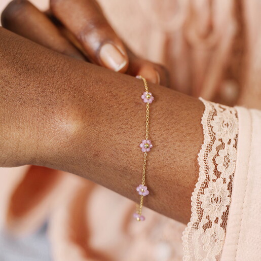 Stainless Steel Purple Flower Beaded Chain Bracelet in Gold