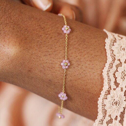 Stainless Steel Purple Flower Beaded Chain Bracelet in Gold