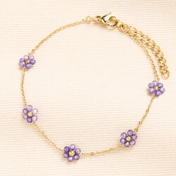 Stainless Steel Purple Flower Beaded Chain Bracelet in Gold