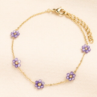 Stainless Steel Purple Flower Beaded Chain Bracelet in Gold