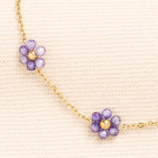 Stainless Steel Purple Flower Beaded Chain Bracelet in Gold