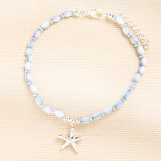 Stainless Steel Starfish Charm Blue Beaded Bracelet in Silver
