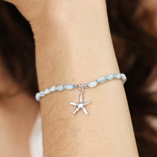 Stainless Steel Starfish Charm Blue Beaded Bracelet in Silver