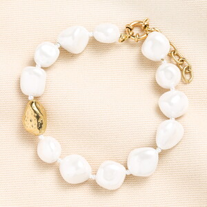 Stainless Steel Stone Charm Organic Pearl Bracelet in Gold