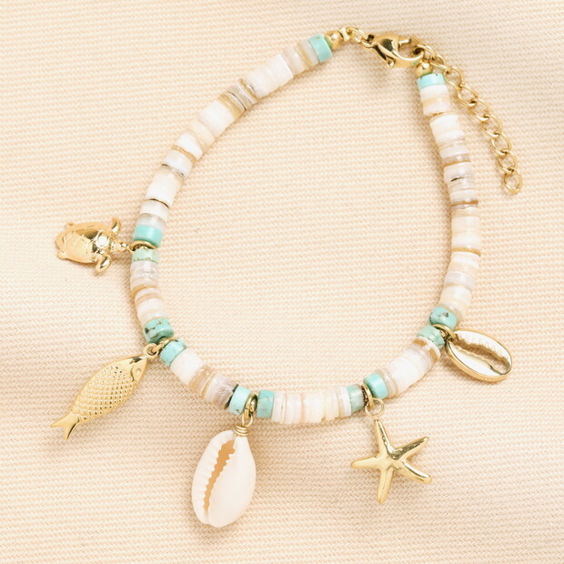 Stainless Steel Summer Shell Charm Bracelet in Gold