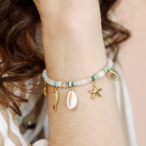 Stainless Steel Summer Shell Charm Bracelet in Gold