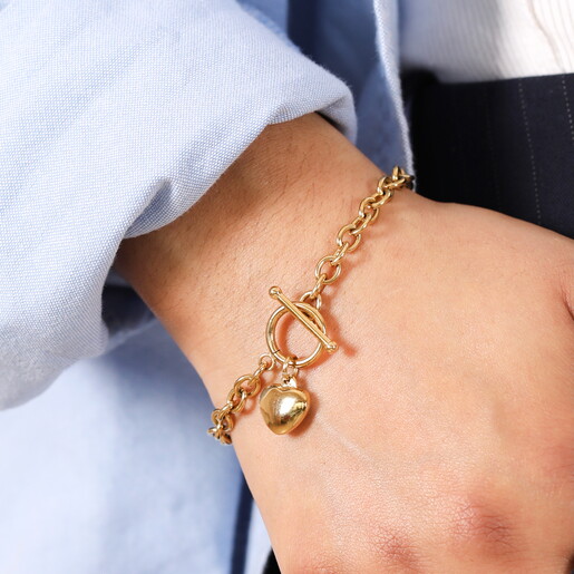 Stainless Steel T-Bar Heart Charm Bracelet in Gold