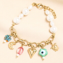 Stainless Steel Vintage Charm and Pearl Chunky Bracelet in Gold