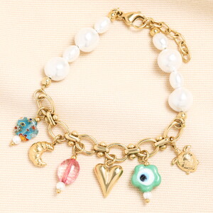 Stainless Steel Vintage Charm and Pearl Chunky Bracelet in Gold