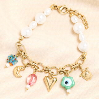 Stainless Steel Vintage Charm and Pearl Chunky Bracelet in Gold