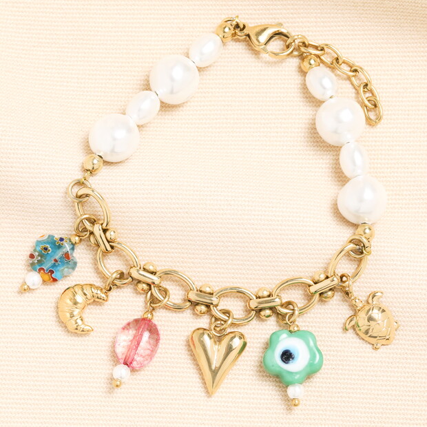 Stainless Steel Vintage Charm and Pearl Chunky Bracelet in Gold