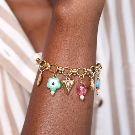 Stainless Steel Vintage Charm and Pearl Chunky Bracelet in Gold