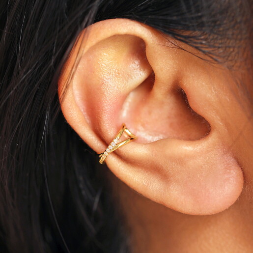 Crystal Twin Flower Ear Cuff in Gold on Model